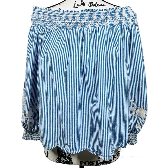 Soprano blue striped top off the shoulder long sleeve blouse size M - Picture 1 of 15